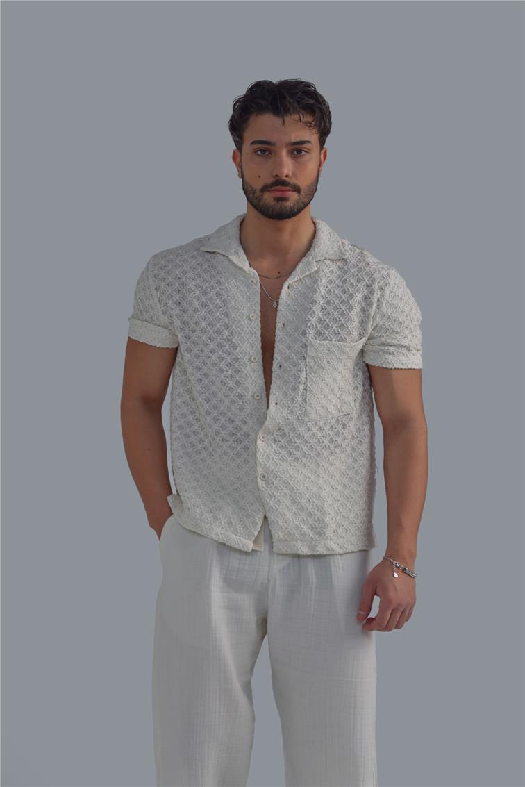 Nakışlı Linen Gömlek Kırık Beyaz