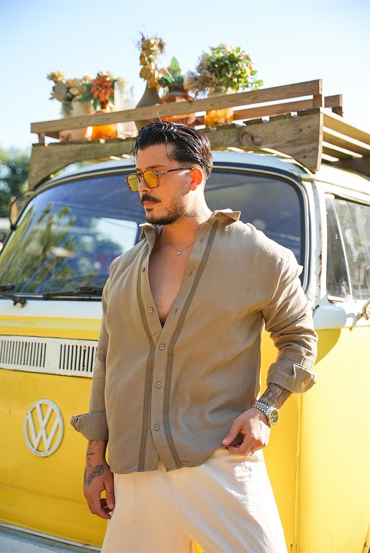 Nakışlı Müslin Oversize Gömlek Haki