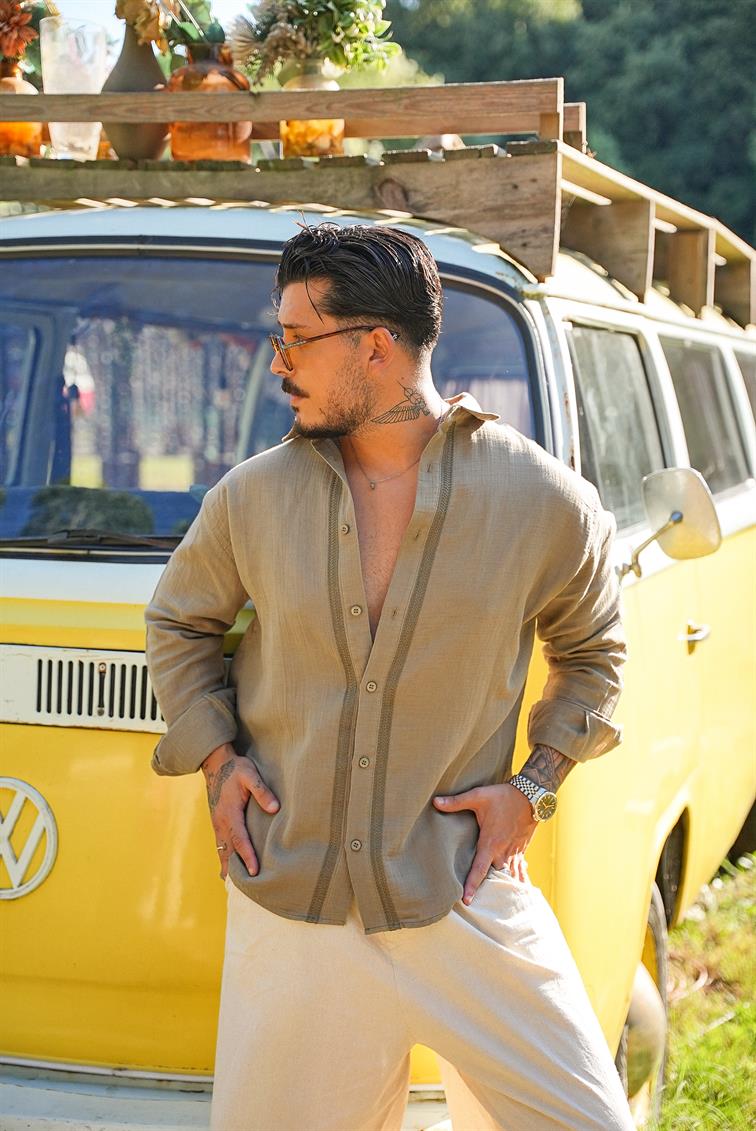 Nakışlı Müslin Oversize Gömlek Haki