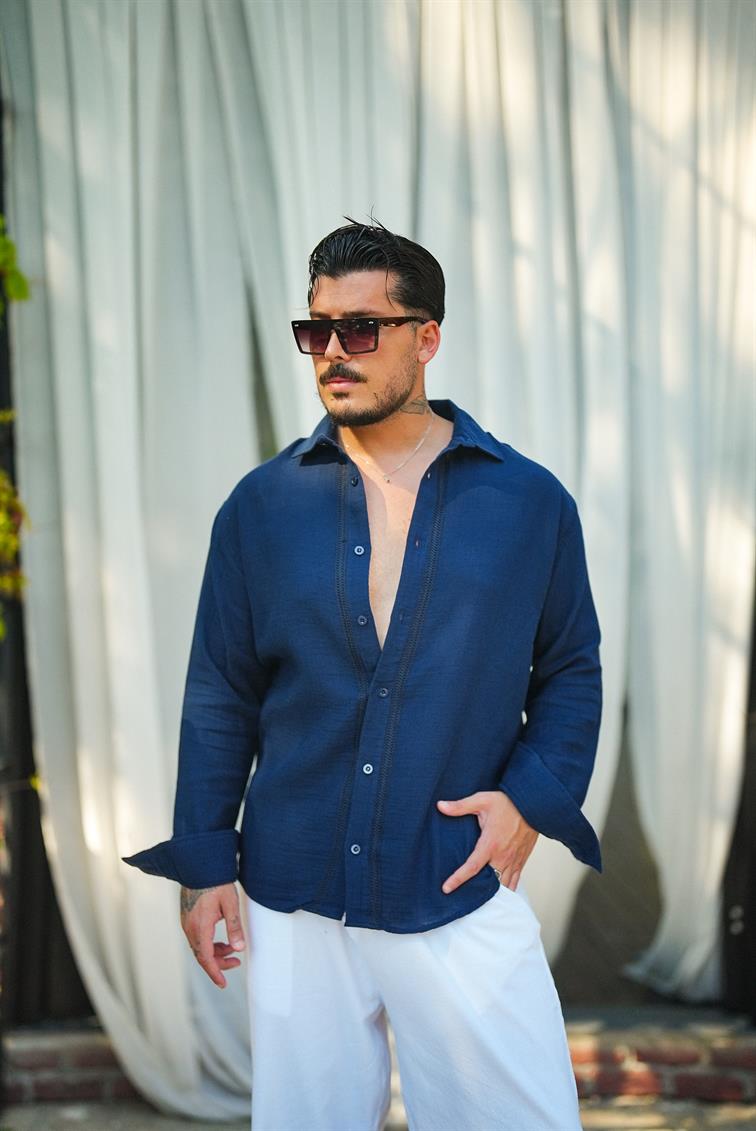 Nakışlı Müslin Oversize Gömlek Lacivert