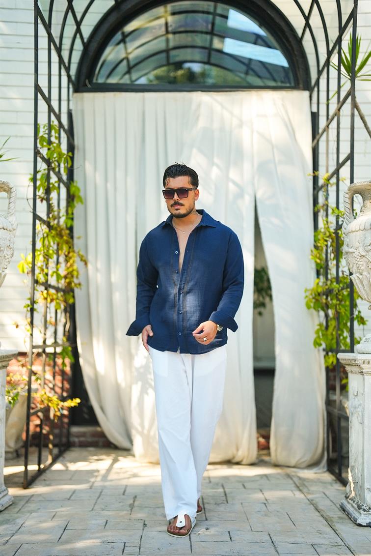 Nakışlı Müslin Oversize Gömlek Lacivert