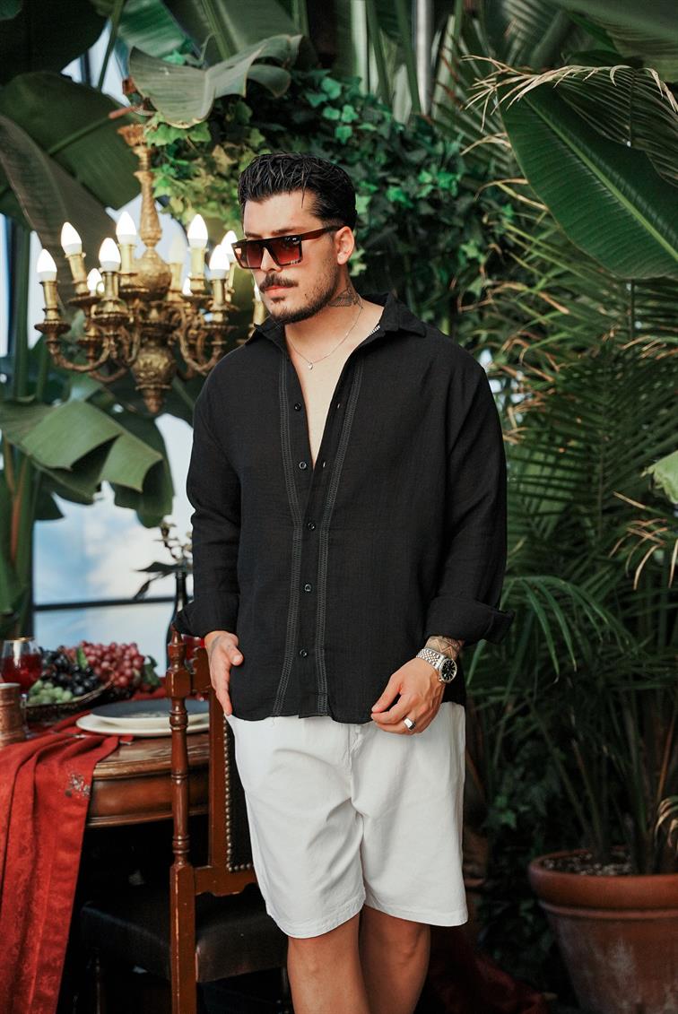 Nakışlı Müslin Oversize Gömlek Siyah