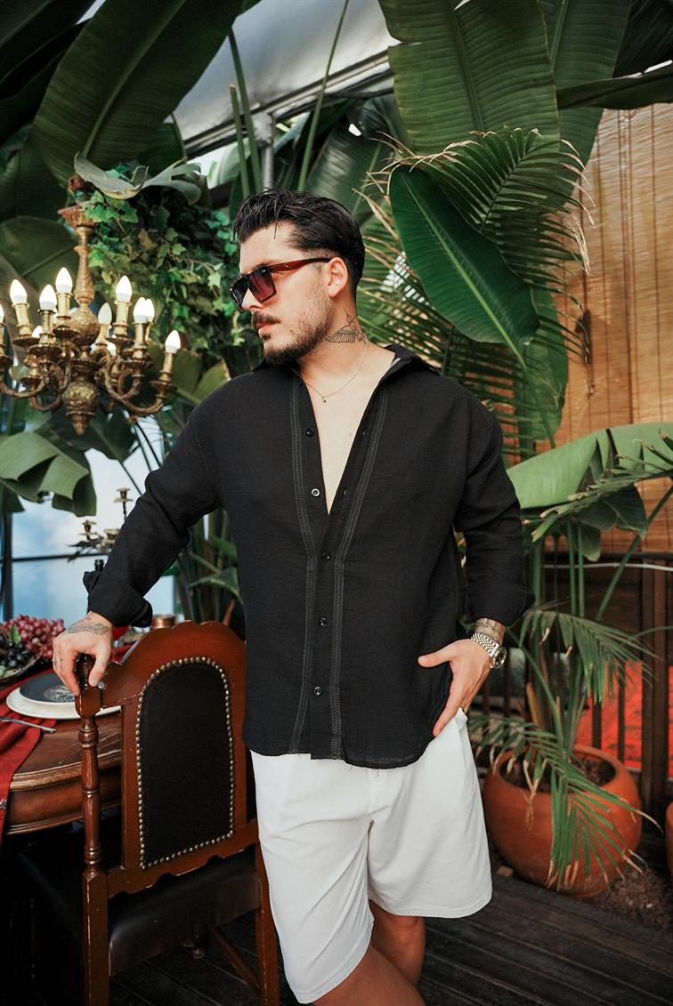 Nakışlı Müslin Oversize Gömlek Siyah