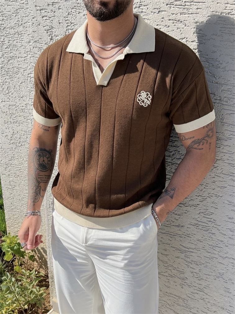 Nakışlı Renk Geçişli Polo Yaka Triko Tshirt Kahve
