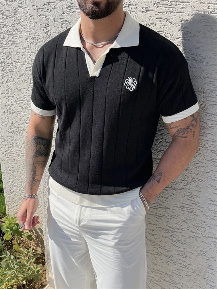 Nakışlı Renk Geçişli Polo Yaka Triko Tshirt Siyah
