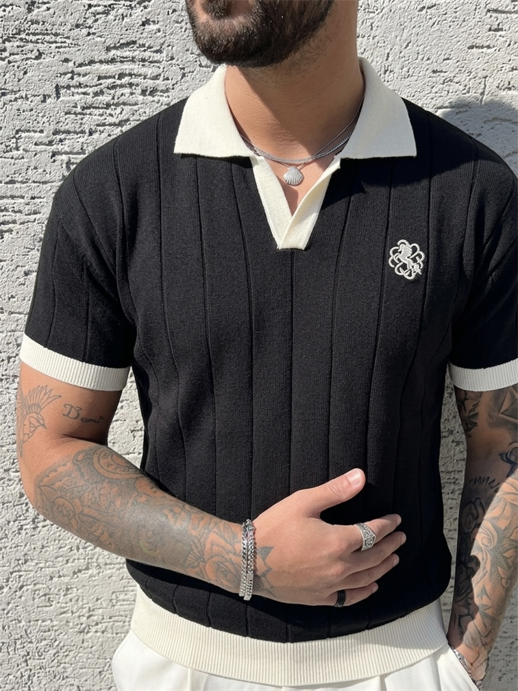 Nakışlı Renk Geçişli Polo Yaka Triko Tshirt Siyah