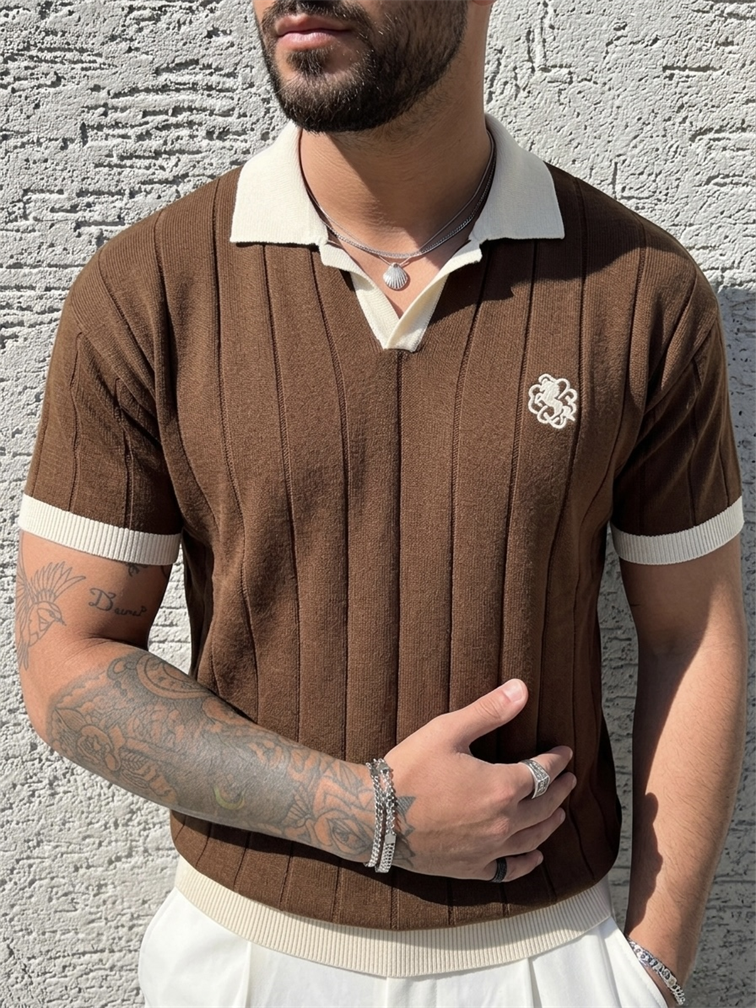 Nakışlı Renk Geçişli Polo Yaka Triko Tshirt Kahve