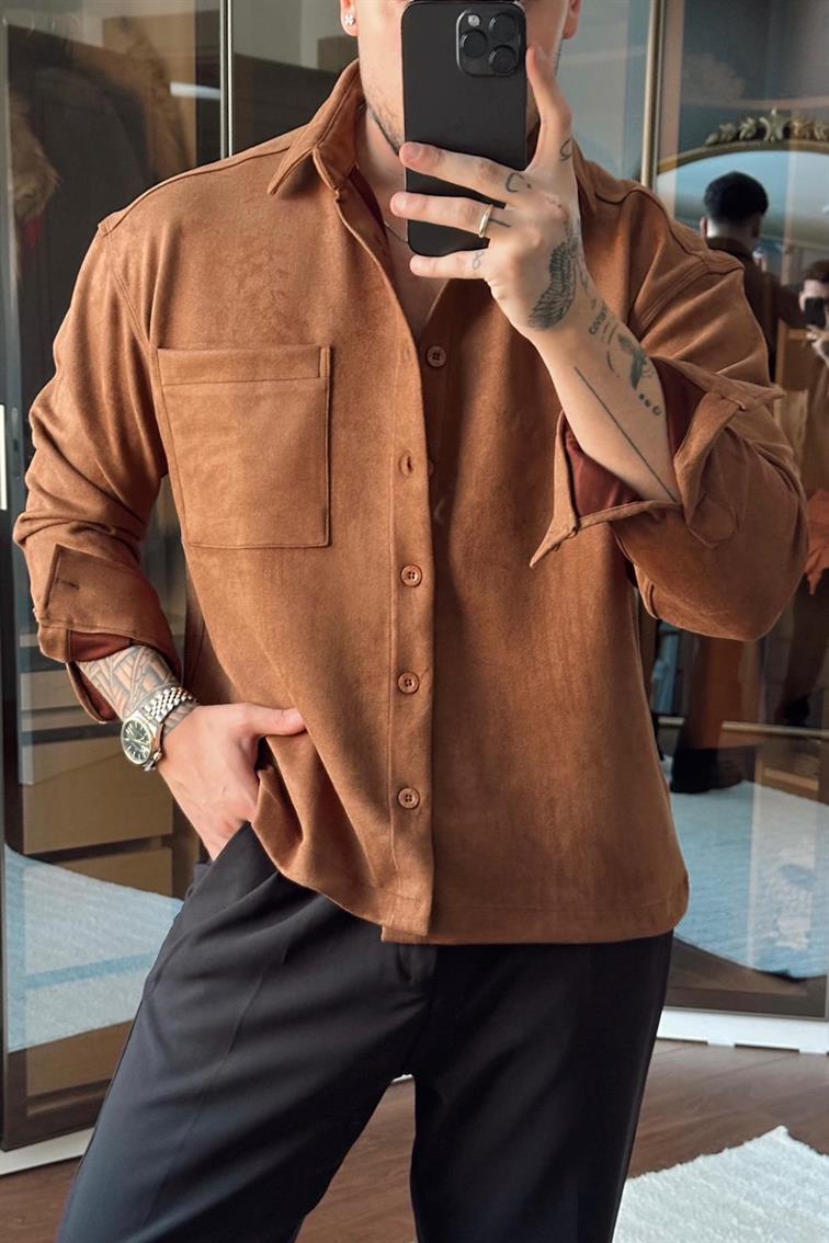 Nubuk Kumaş NGR Rahat Kalıp Gömlek Kahve