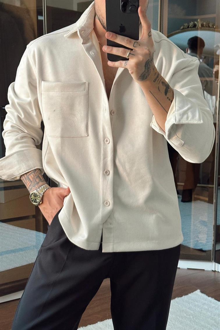 Nubuk Kumaş NGR Rahat Kalıp Gömlek Krem