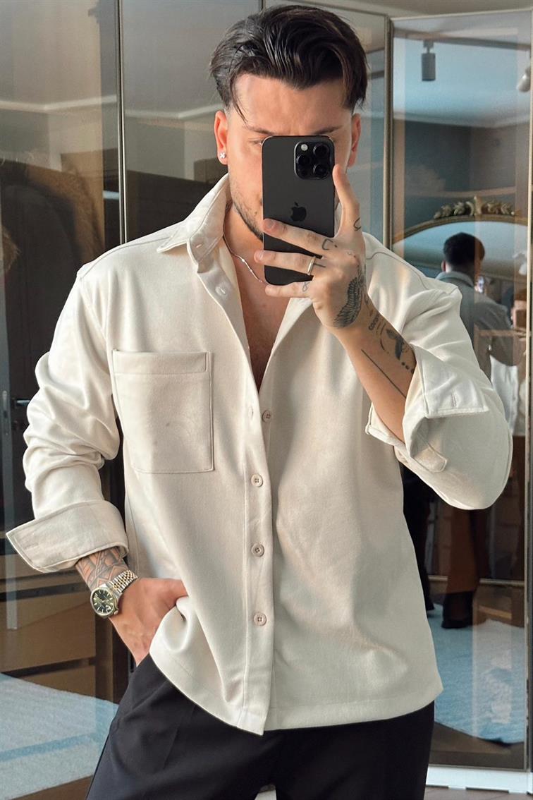 Nubuk Kumaş NGR Rahat Kalıp Gömlek Krem