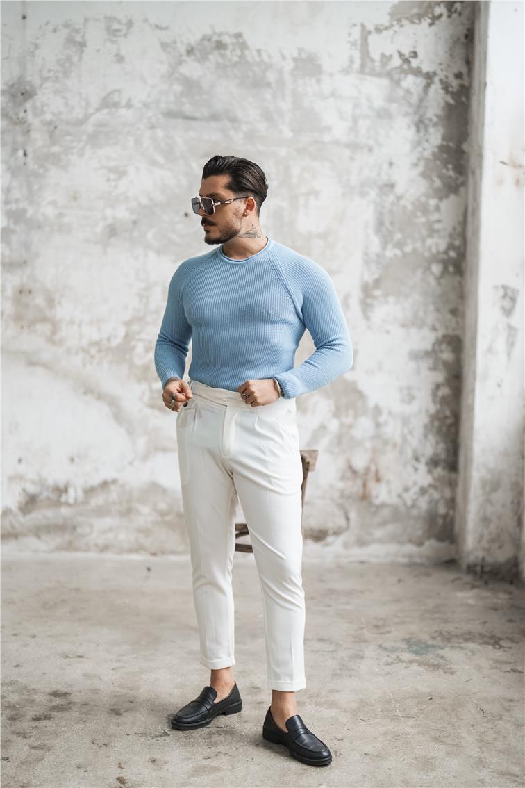 Omuz Detay Örgülü Kazak Açık Mavi