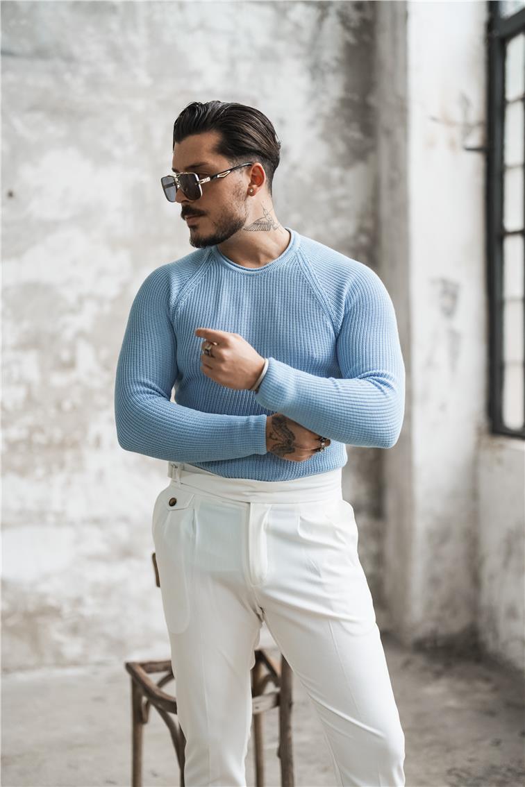 Omuz Detay Örgülü Kazak Açık Mavi