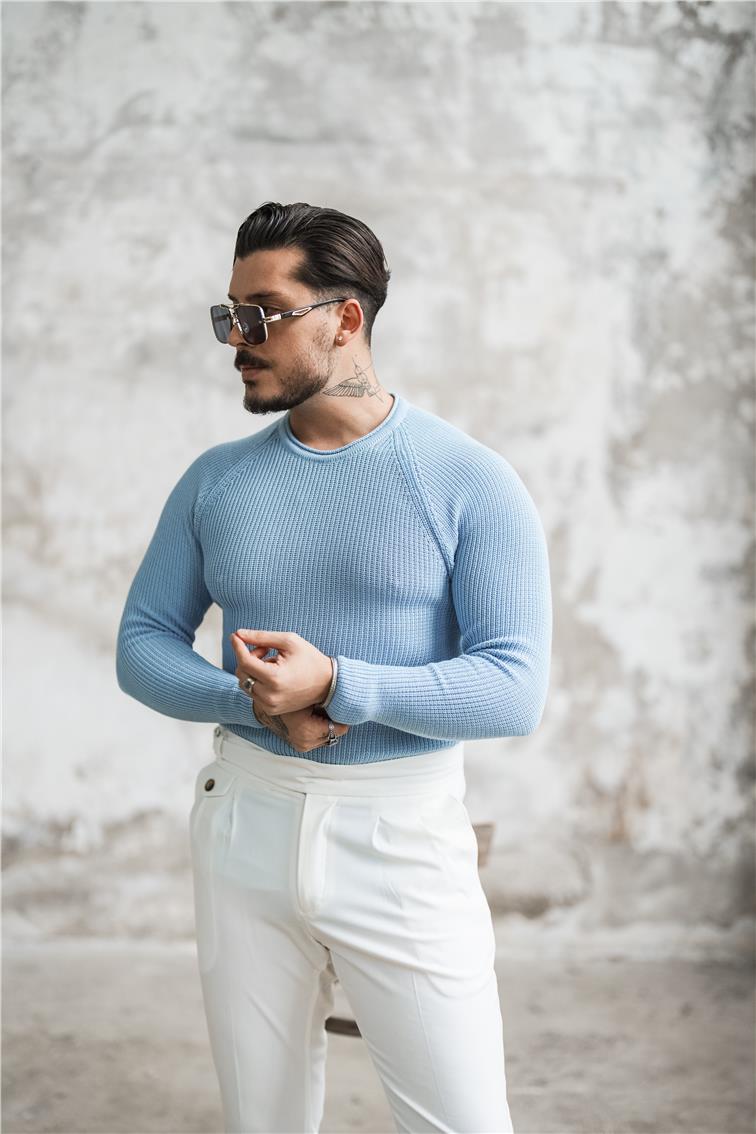 Omuz Detay Örgülü Kazak Açık Mavi