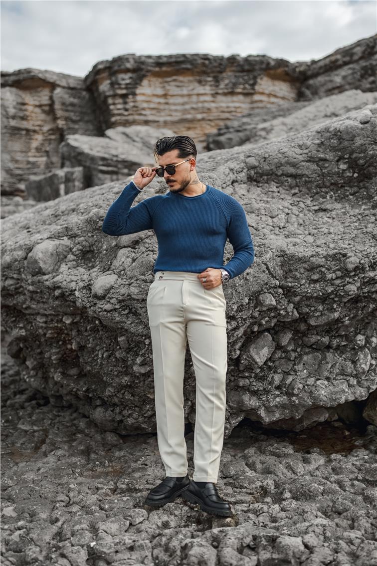 Omuz Detay Örgülü Kazak İndigo