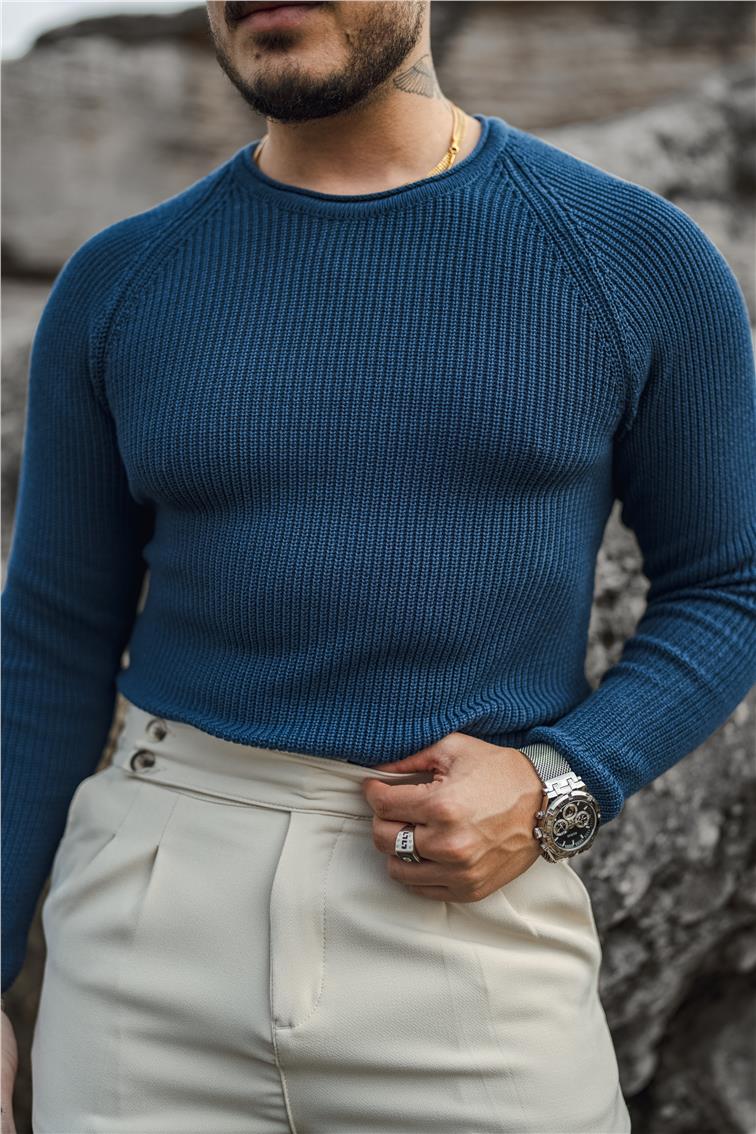 Omuz Detay Örgülü Kazak İndigo