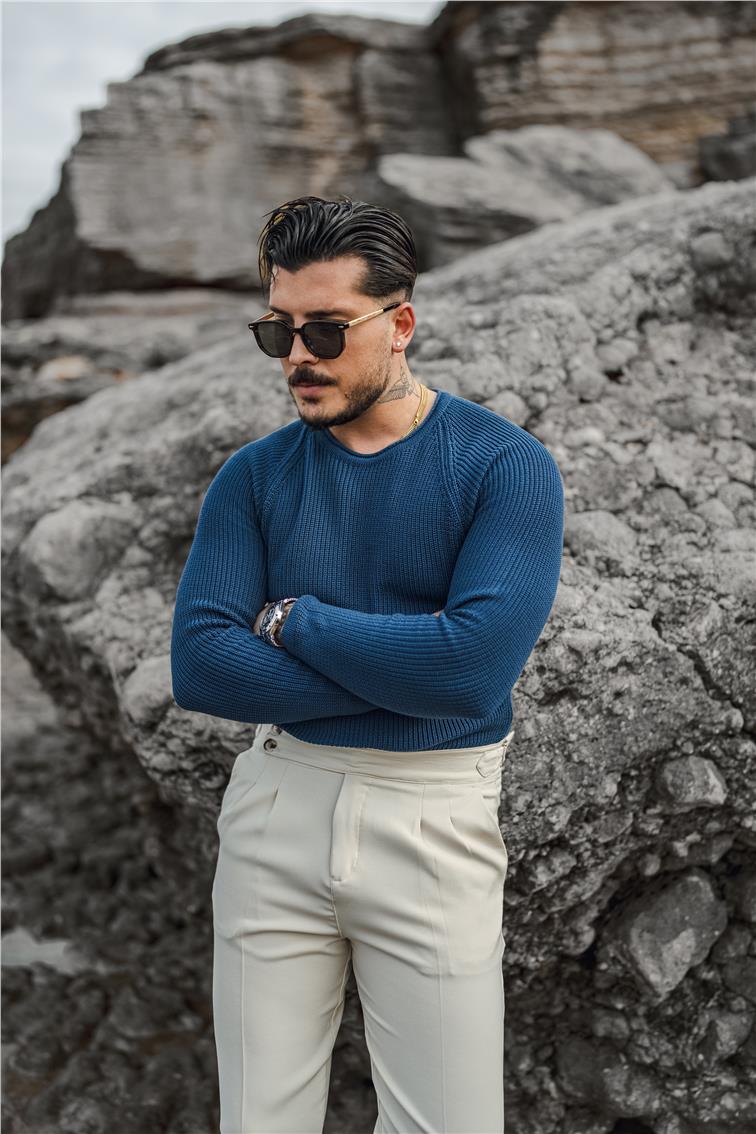 Omuz Detay Örgülü Kazak İndigo