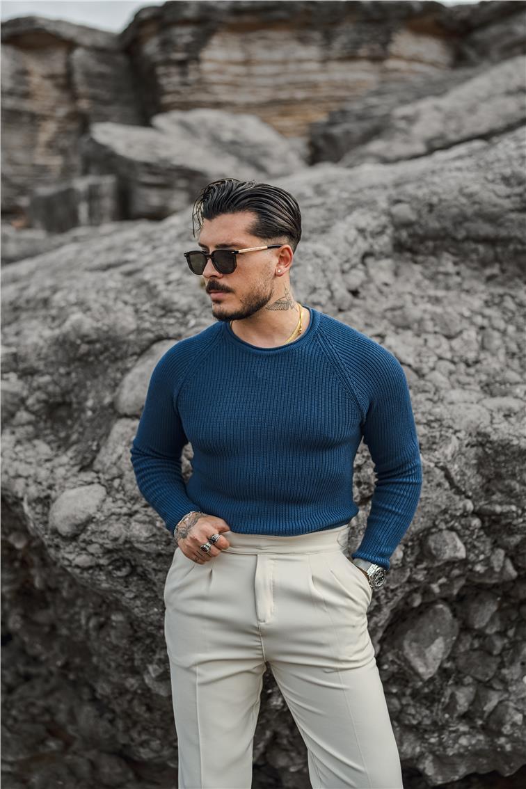 Omuz Detay Örgülü Kazak İndigo