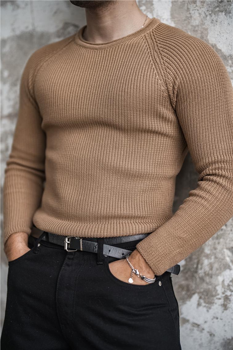 Omuz Detay Örgülü Kazak Kahve