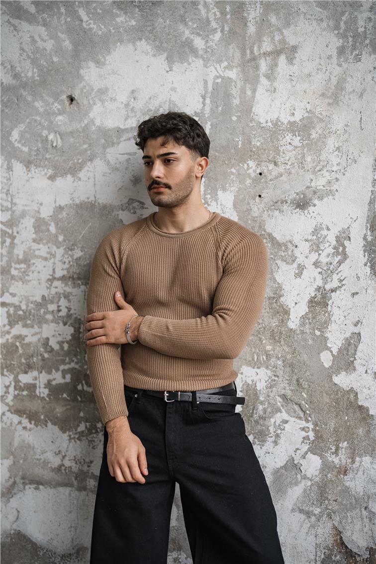 Omuz Detay Örgülü Kazak Kahve