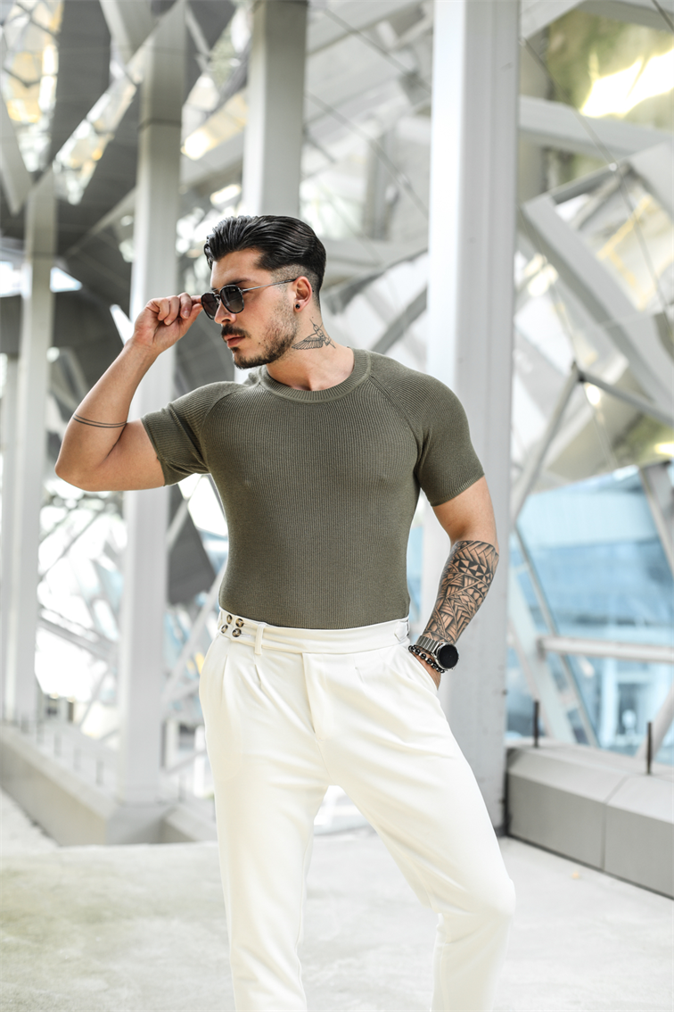 Omuz Detay Triko Tshirt Haki