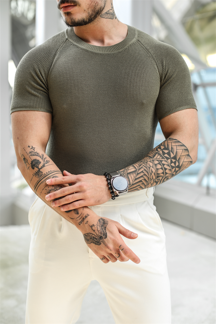 Omuz Detay Triko Tshirt Haki