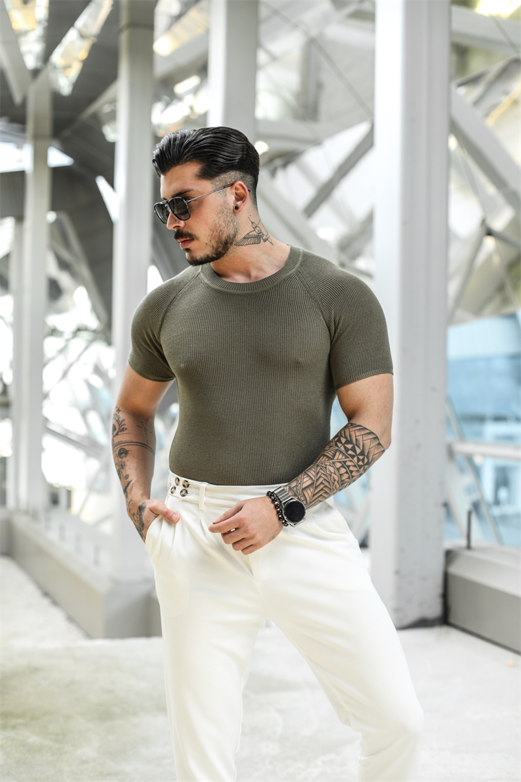 Omuz Detay Triko Tshirt Haki