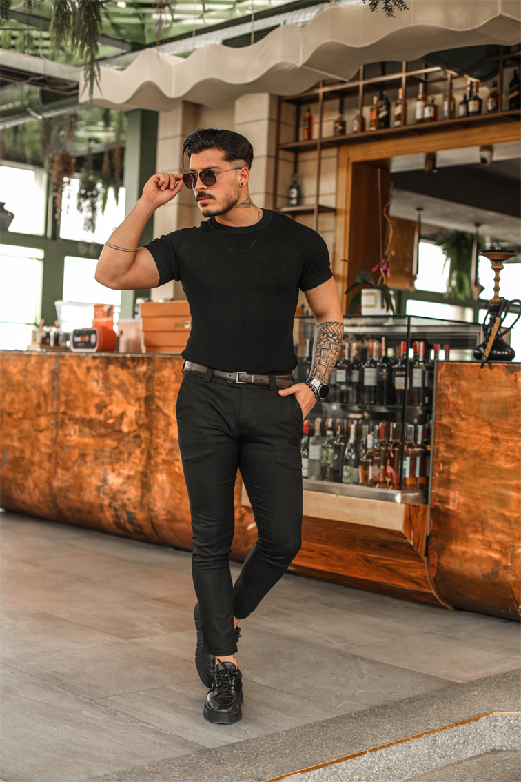 Omuz Detay Triko Tshirt Siyah