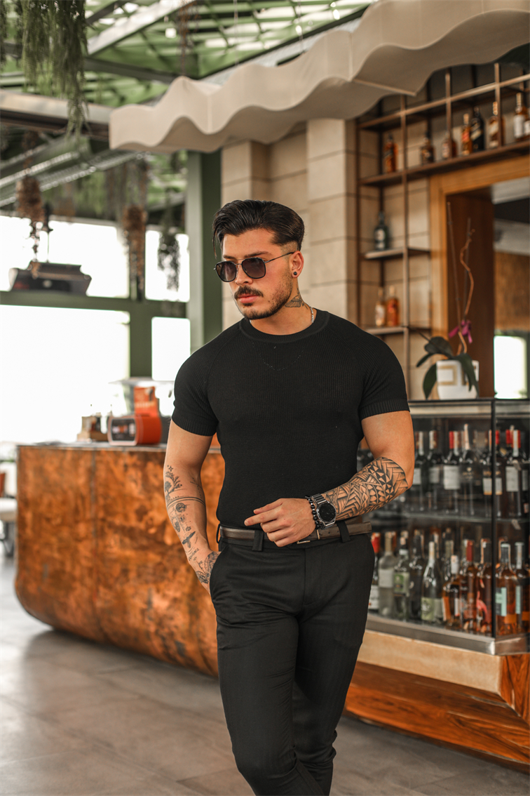 Omuz Detay Triko Tshirt Siyah