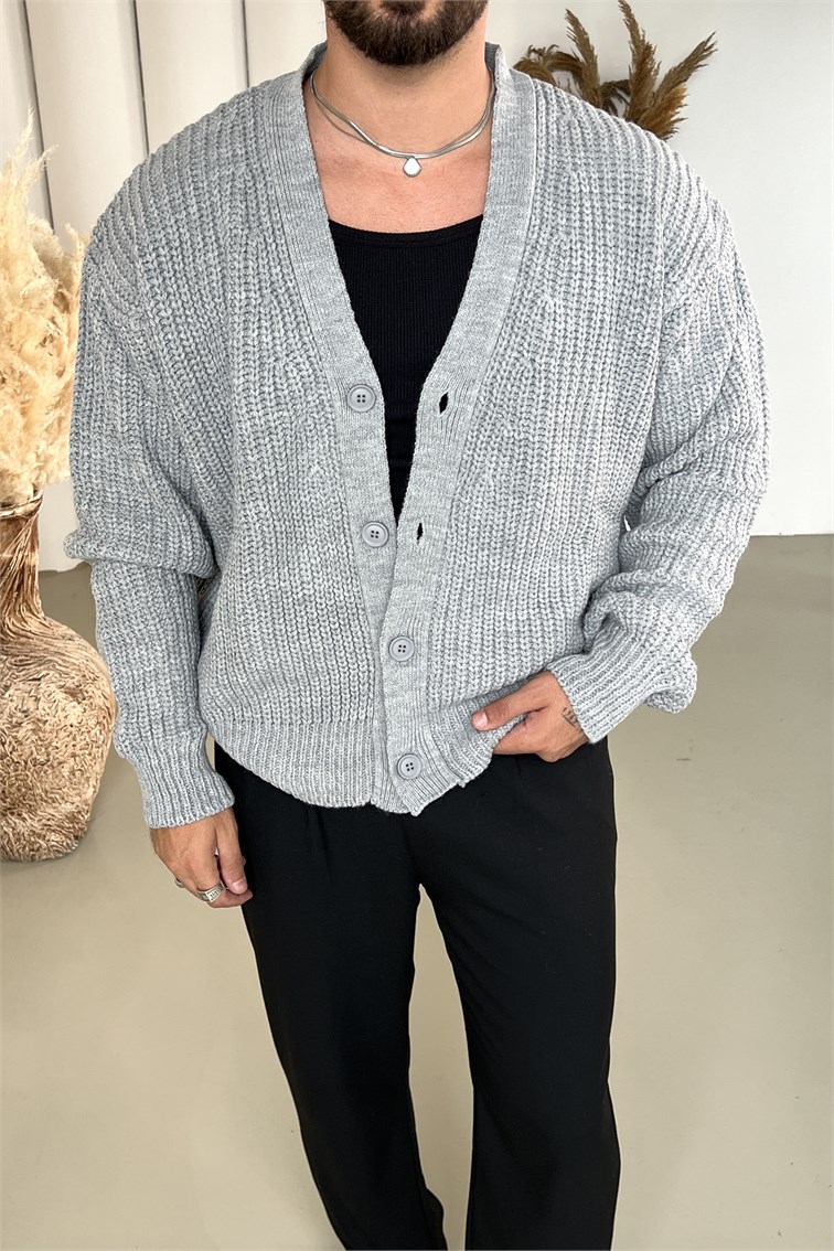 Örgülü Oversize Hırka Gri