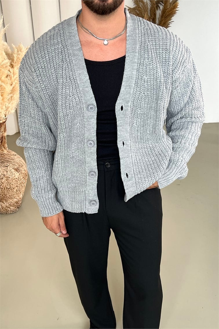 Örgülü Oversize Hırka Gri