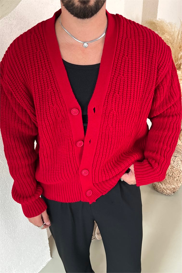 Örgülü Oversize Hırka Kırmızı