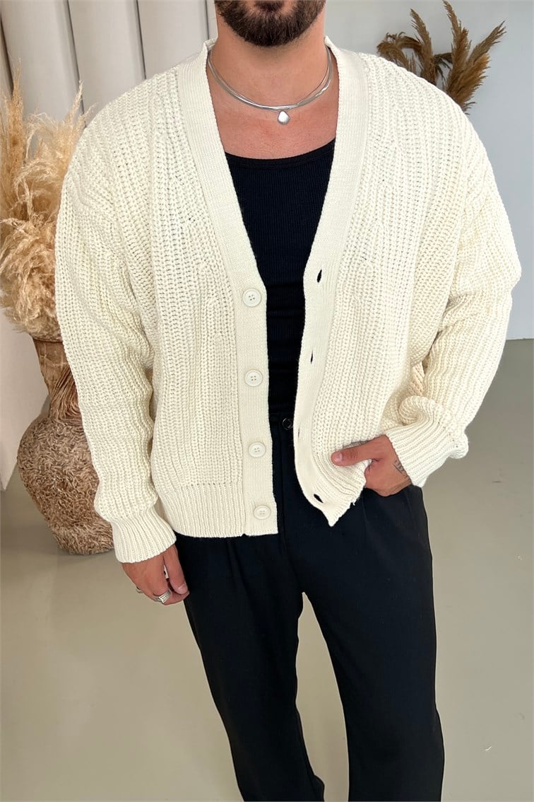 Örgülü Oversize Hırka Krem