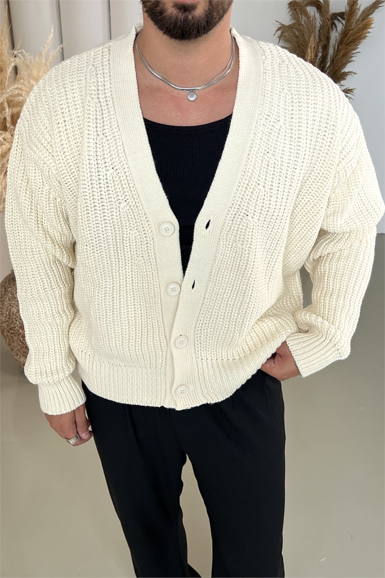 Örgülü Oversize Hırka Krem