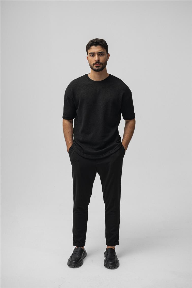 Örgülü Oversize T-Shirt Siyah
