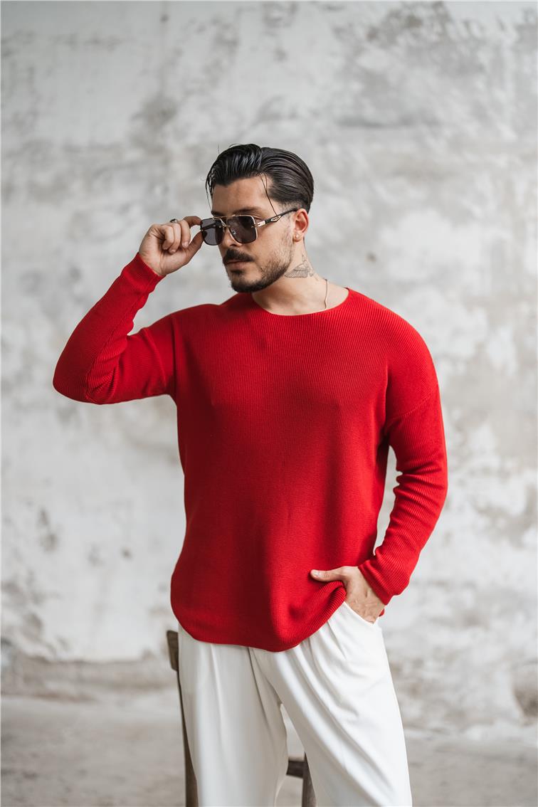 Örgülü Oversize Triko Uzun Kollu Kazak Kırmızı