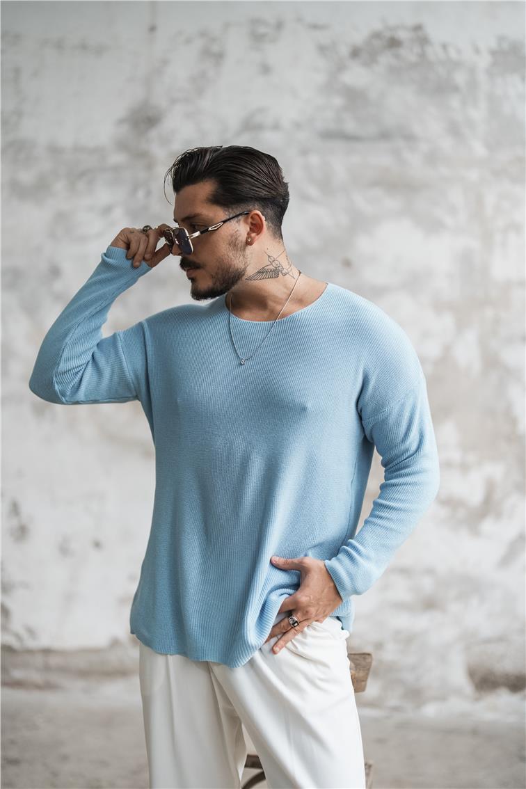 Örgülü Oversize Triko Uzun Kollu Kazak Açık Mavi