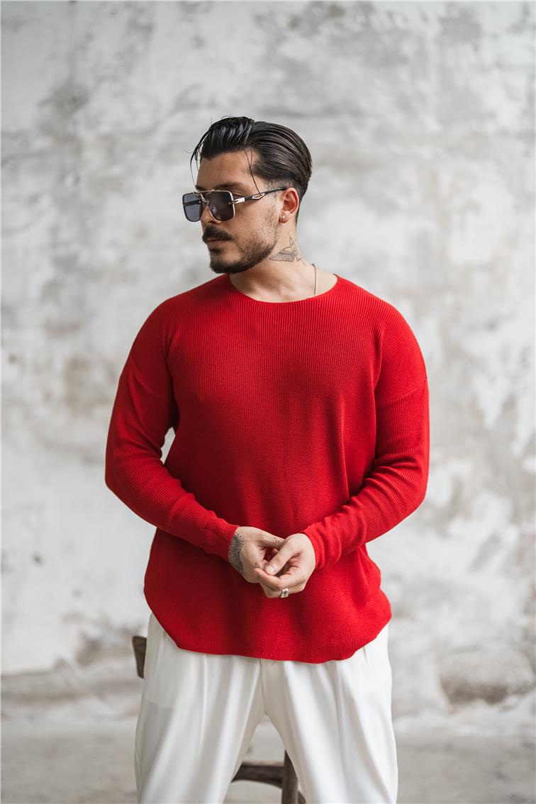 Örgülü Oversize Triko Uzun Kollu Kazak Kırmızı
