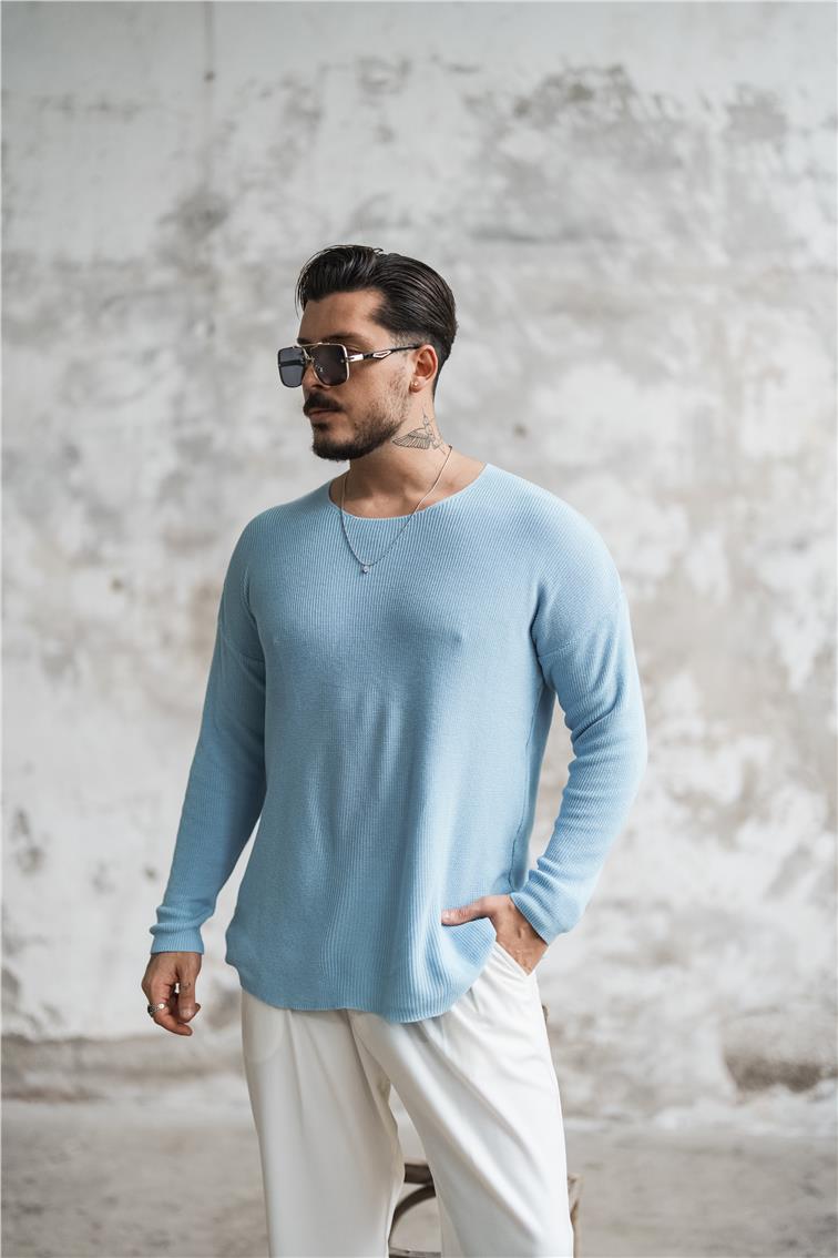 Örgülü Oversize Triko Uzun Kollu Kazak Açık Mavi