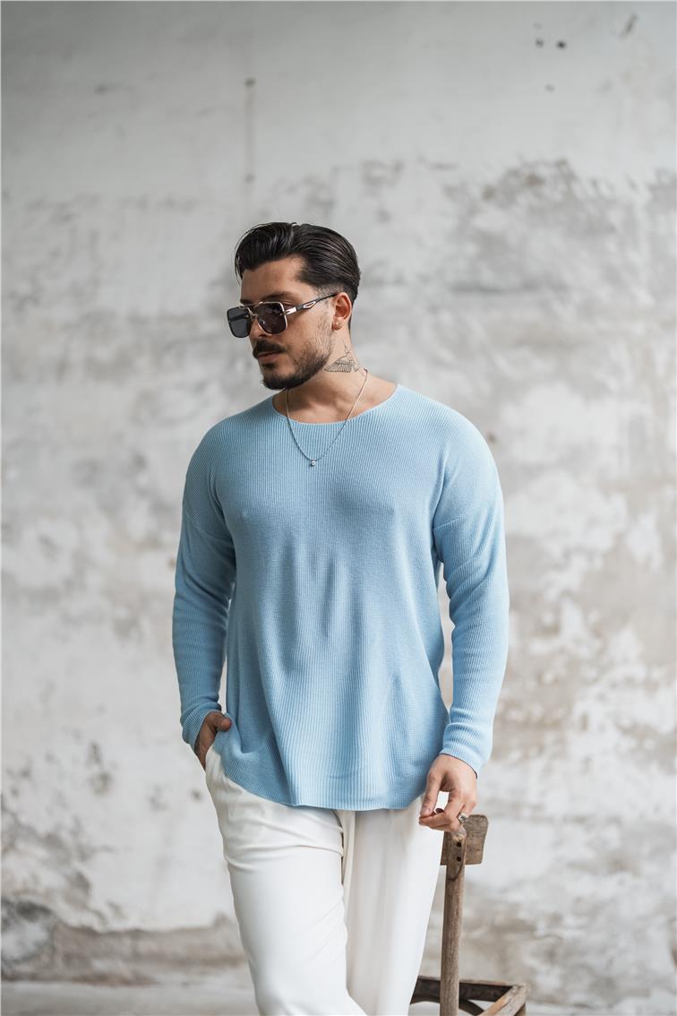 Örgülü Oversize Triko Uzun Kollu Kazak Açık Mavi