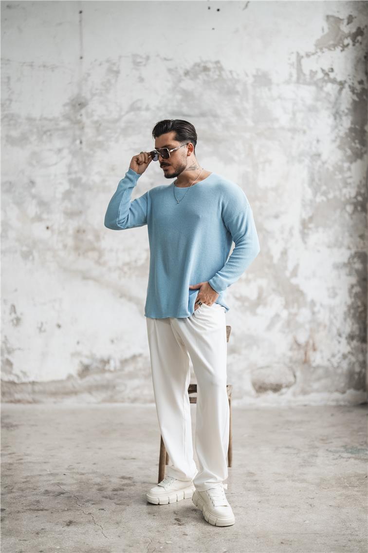 Örgülü Oversize Triko Uzun Kollu Kazak Açık Mavi