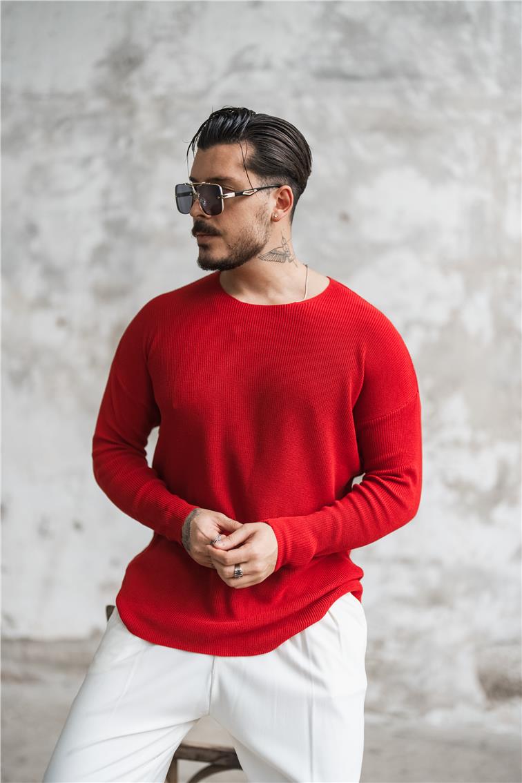 Örgülü Oversize Triko Uzun Kollu Kazak Kırmızı