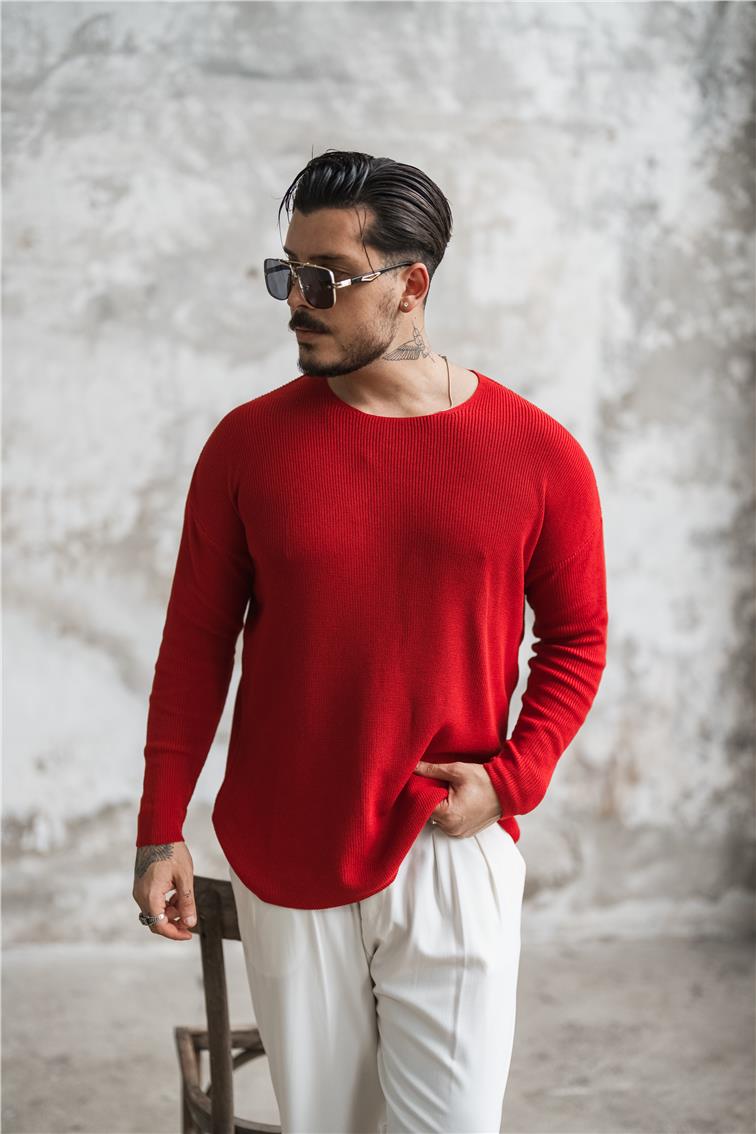 Örgülü Oversize Triko Uzun Kollu Kazak Kırmızı