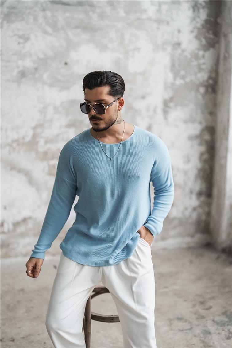 Örgülü Oversize Triko Uzun Kollu Kazak Açık Mavi