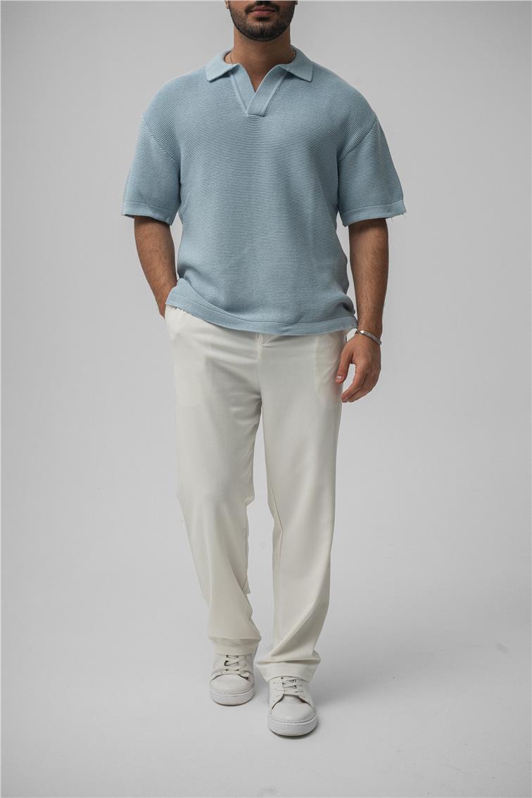 Örme Polo Yaka Oversize T-Shirt Açık Mavi