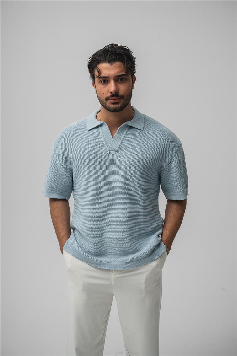 Örme Polo Yaka Oversize T-Shirt Açık Mavi