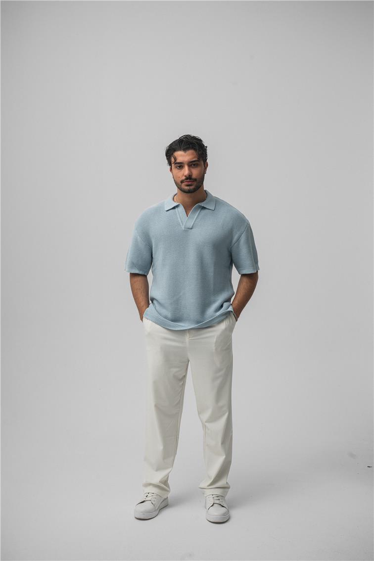 Örme Polo Yaka Oversize T-Shirt Açık Mavi