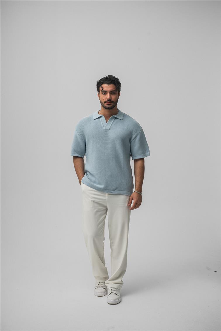 Örme Polo Yaka Oversize T-Shirt Açık Mavi