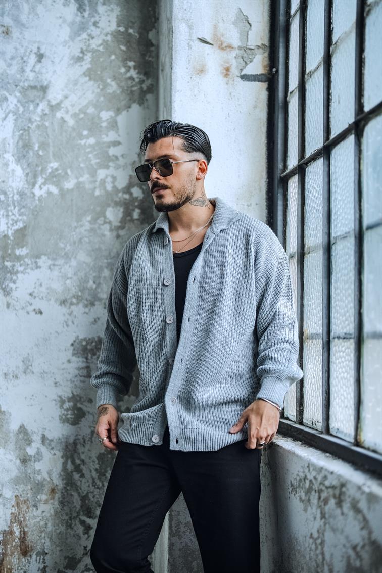 Örme Yakalı Rahat Kalıp Hırka Gri