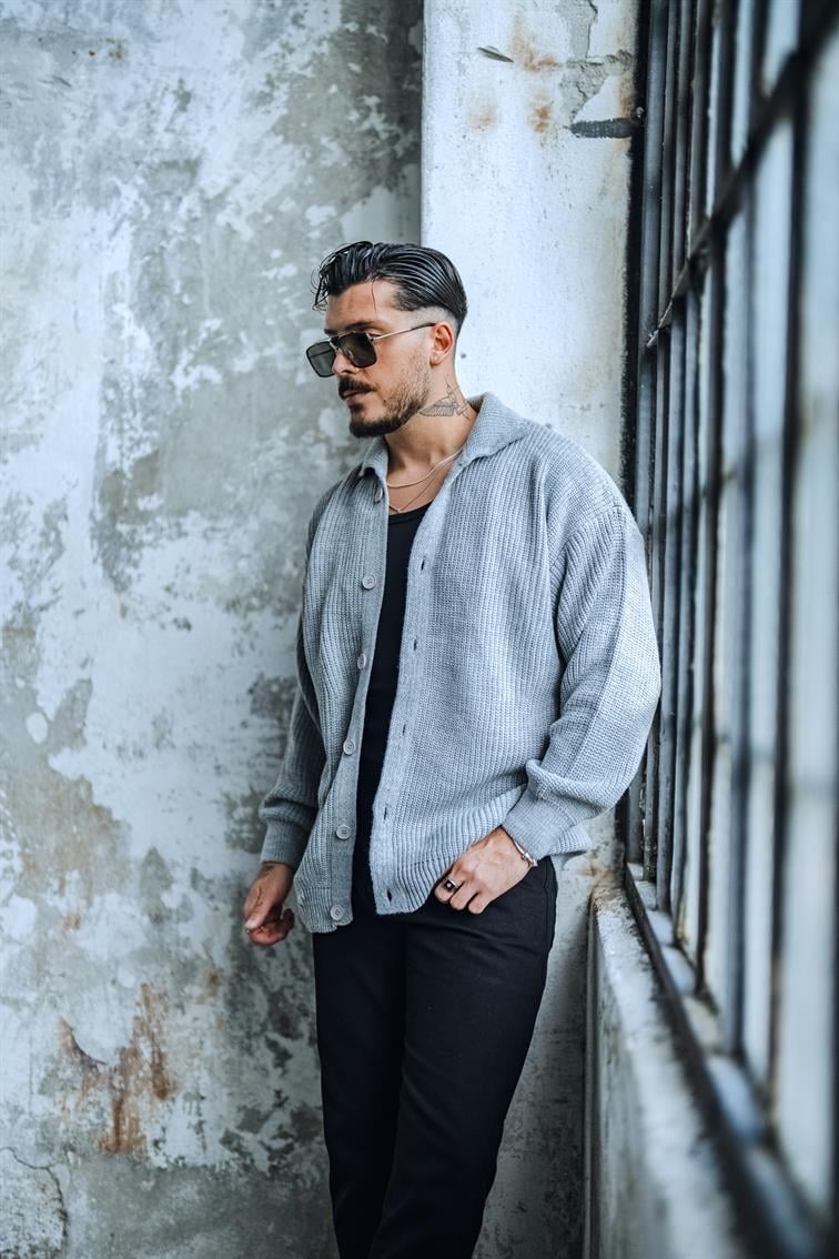 Örme Yakalı Rahat Kalıp Hırka Gri