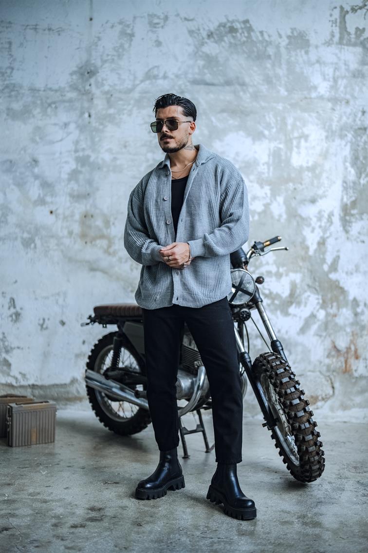 Örme Yakalı Rahat Kalıp Hırka Gri